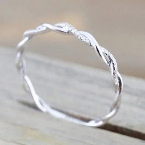 STERLING SILVER DIAMOND TWISTED ETERNITY RING, CUTE RING, SHINY RING. - Picture 2 of 3